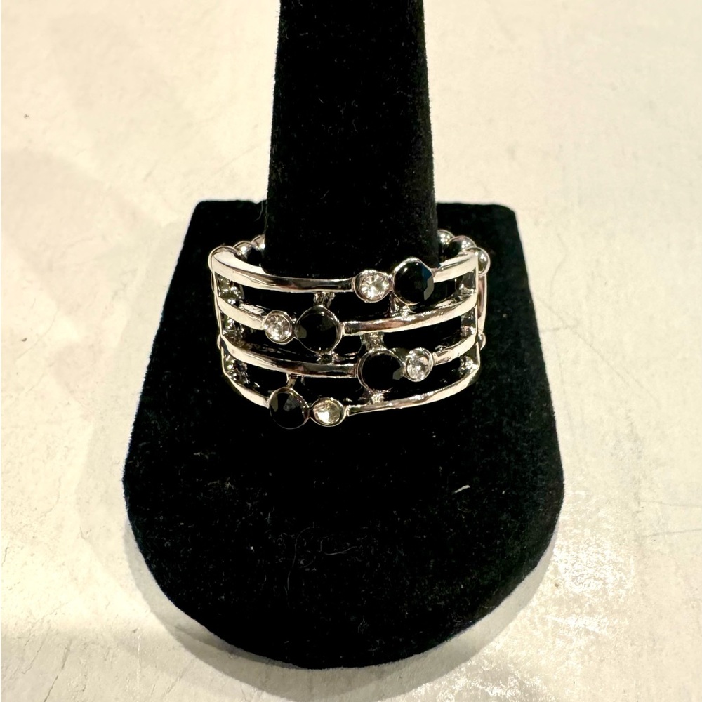 Elegant Black and clear CZ Statement Ring - One Size Stretch Back